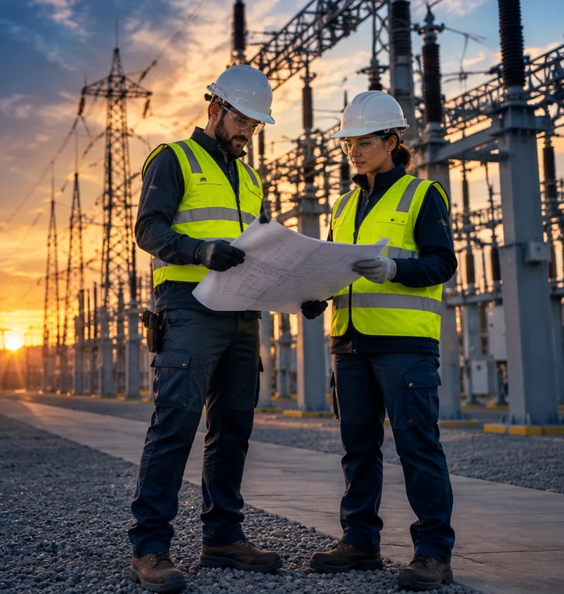 Field professionals at energy infrastructure site wearing hard hats, protective gloves and high-visibility workwear
