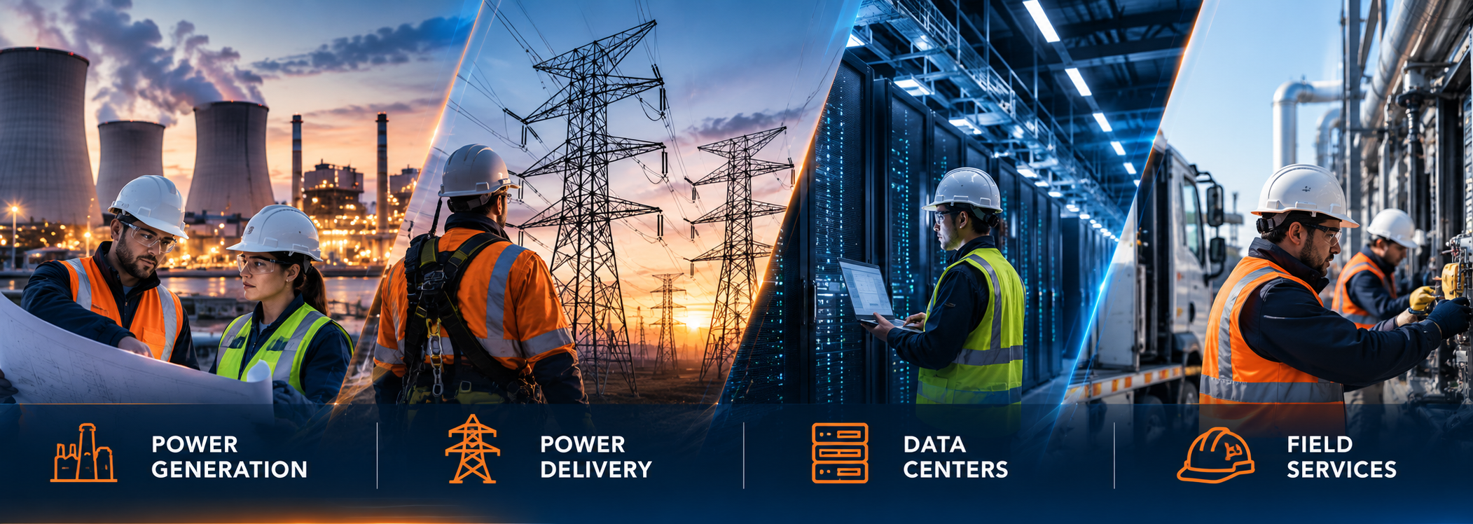 Energy infrastructure capabilities spanning generation, power delivery, data centers and field services with personnel wearing protective equipment